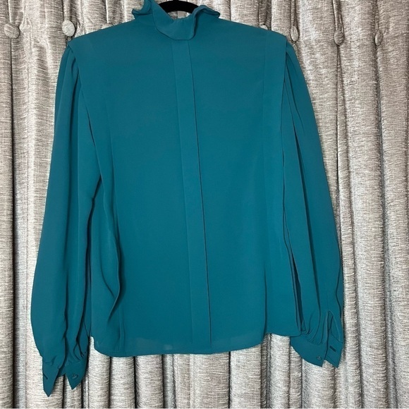 Vintage Ruffle High Neck Turquoise Blue Button Front Blouse Size 8 - Picture 12 of 16